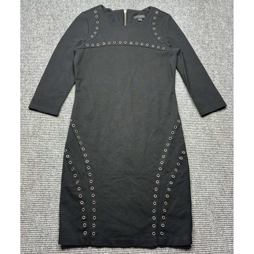 Tribal Sheath Dress Women 8 Black Grommet Studded 3/4 Sleeve Zip Back 10377O